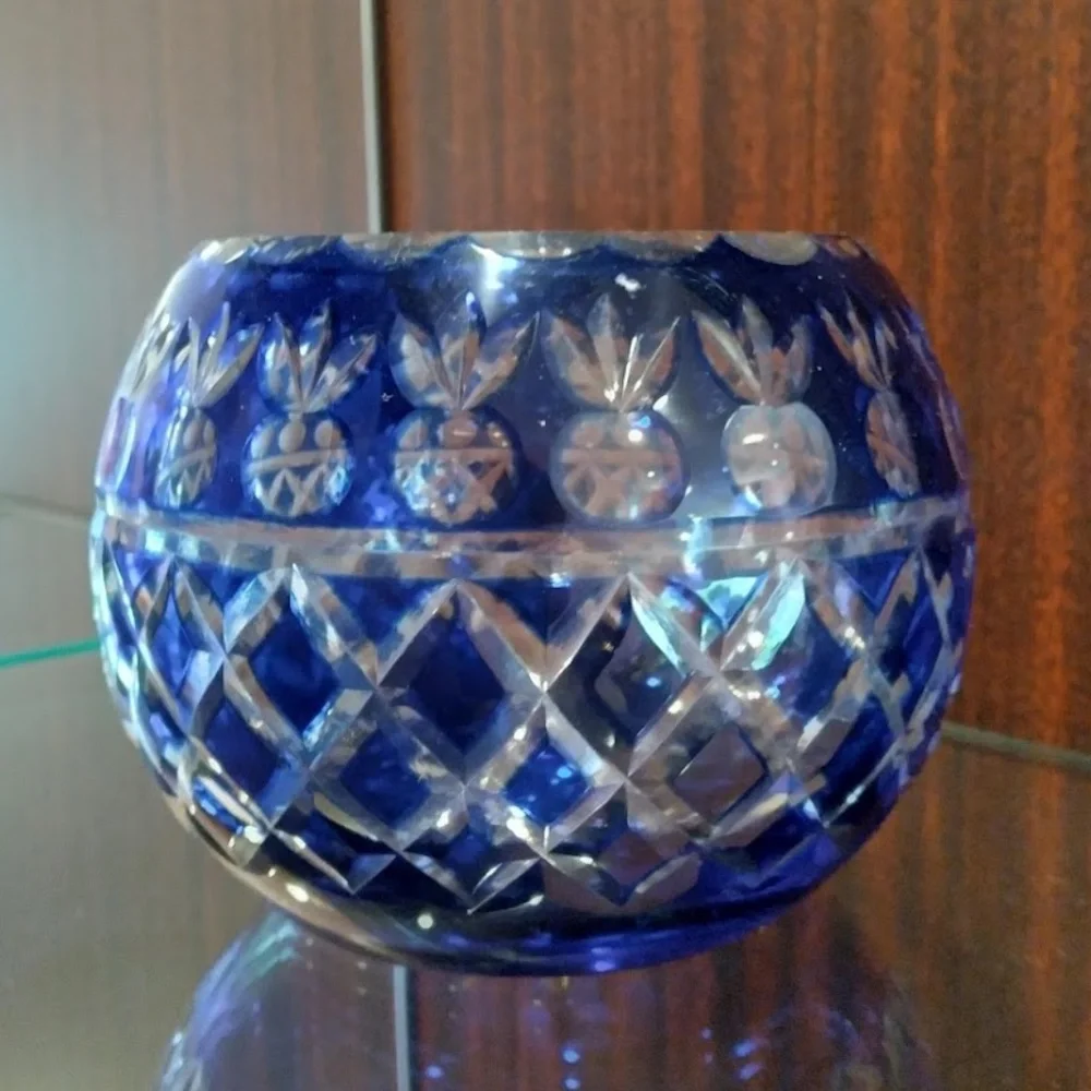 Crystal with Cobalt Blue Overlay and Clear Cut Decor Candle Holder Votive
